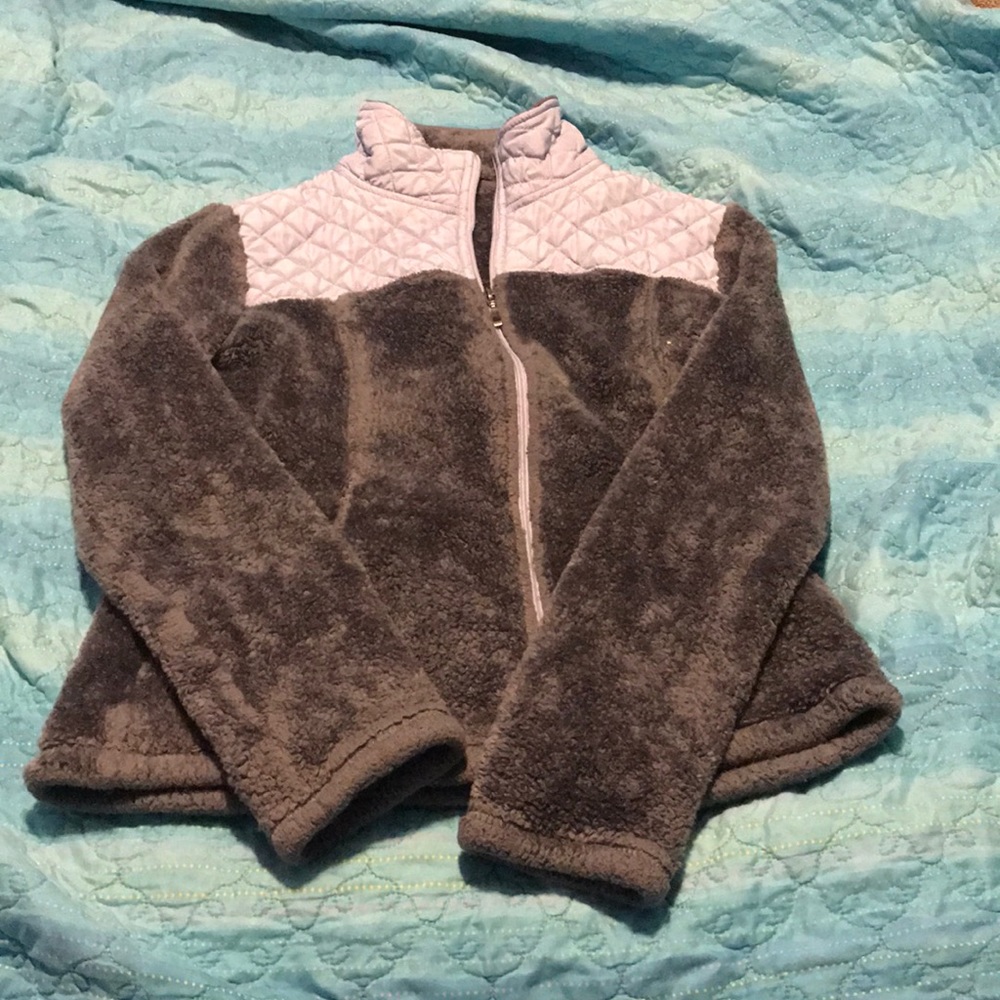 Gray and light blue fleece zip up jacket.